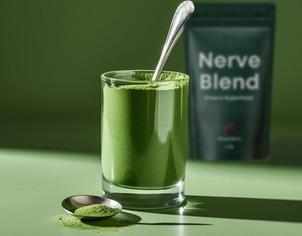 The Nerve Brand Neuropathy Superfood Blend jar front, premium greens for nervous system support.