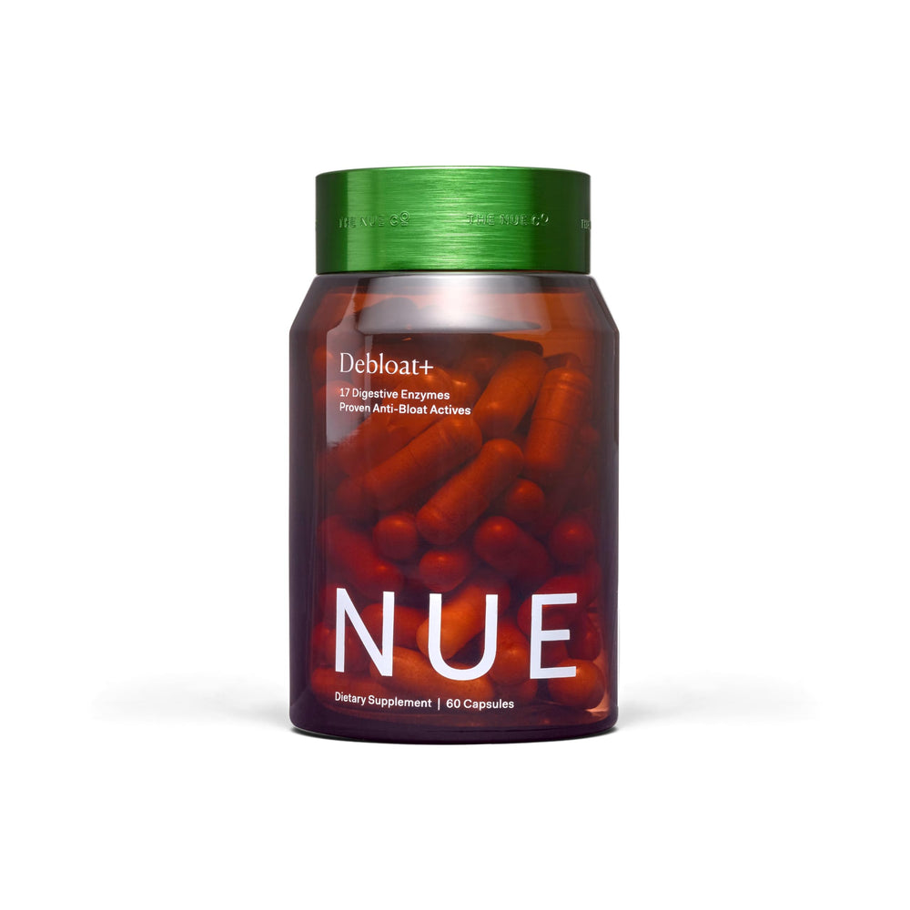 The Nue Co Debloat+ bottle front view showing vegan digestive support after meals