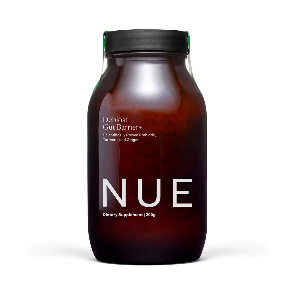 The Nue Co Debloat Gut Barrier+ tub label promoting comfortable digestion after meals.