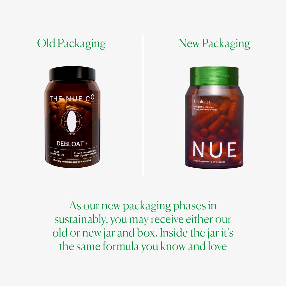 The Nue Co Debloat+ morning routine scene suggests easy two-capsule daily use