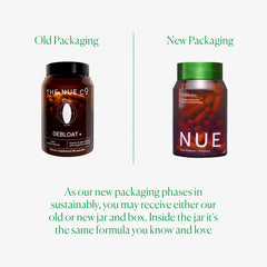 The Nue Co Debloat+ morning routine scene suggests easy two-capsule daily use