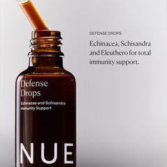 The Nue Co Defense Drops bottle against water emphasizes easy integration into routines.
