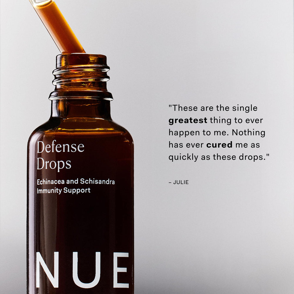 The Nue Co Defense Drops eleuthero and astragalus image suggests steady energy support.