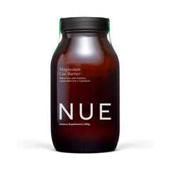 The Nue Co Magnesium Gut Barrier+ powder bottle showing sleep and gut support.