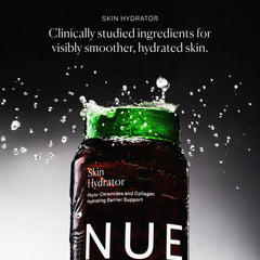 The Nue Co Skin Hydrator bottle displayed on a shelf in a wellness setting