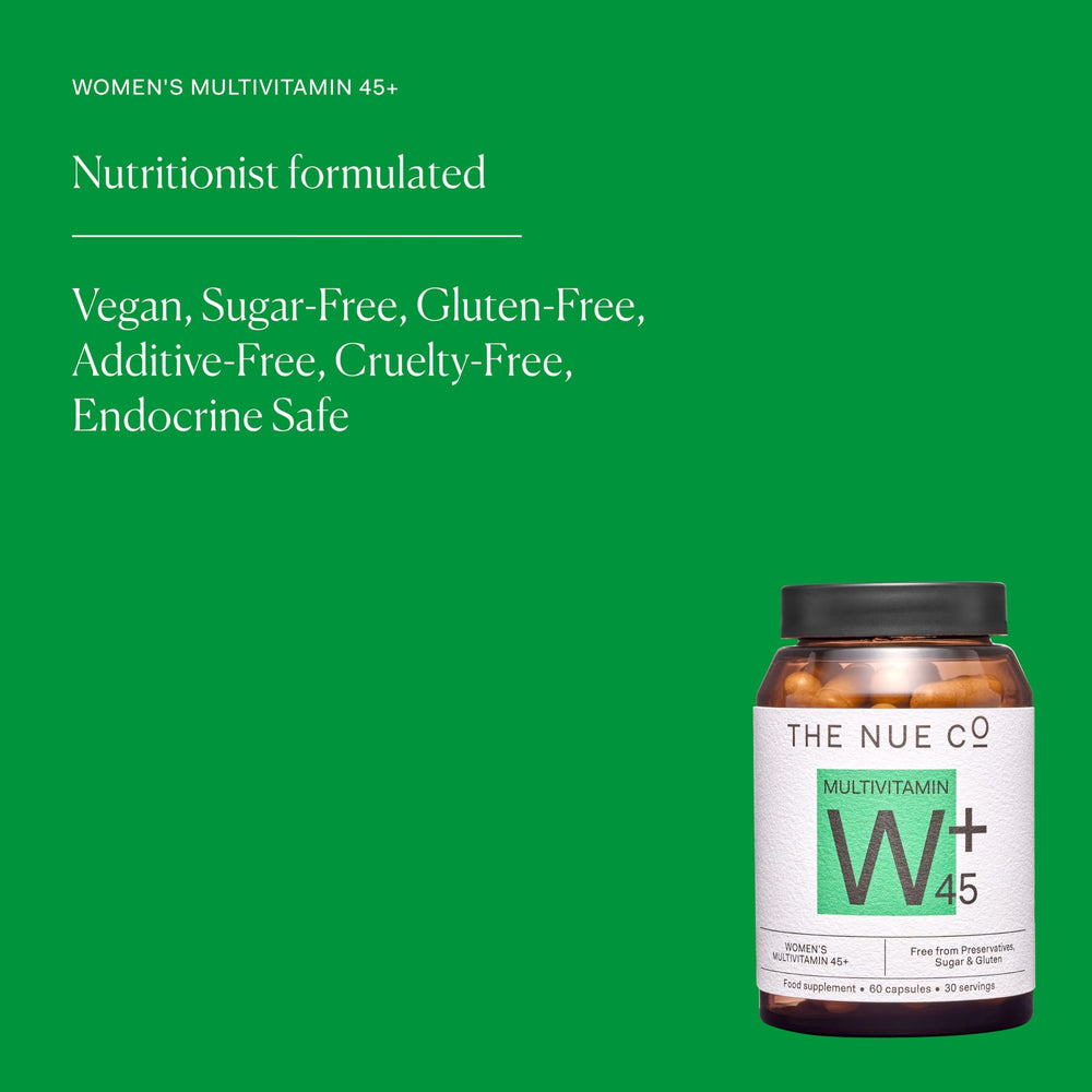 The Nue Co Women's Multivitamin 45+ capsules in blister, ready for everyday use.