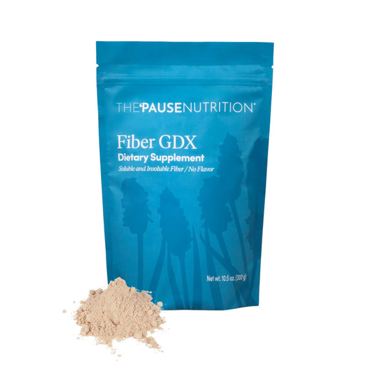 The Pause Life Fiber GDX bottle highlights gluten-free chia-quinoa blend for daily fiber