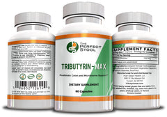 The Perfect Stool Tributyrin-Max capsules arranged with a clock suggesting timing-release.