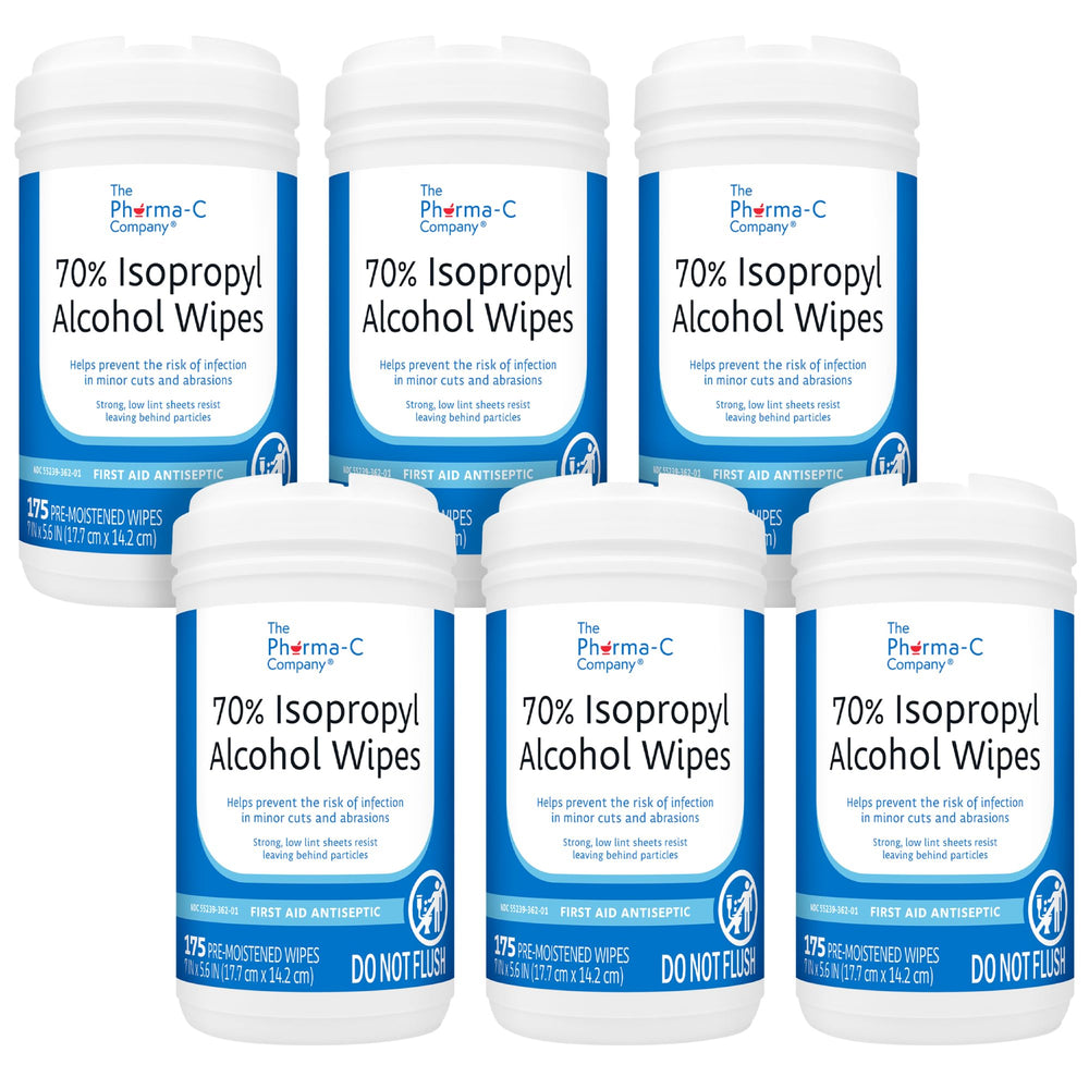 The Pharma-C Company 70% IPA wipes in a front canister for quick sanitization