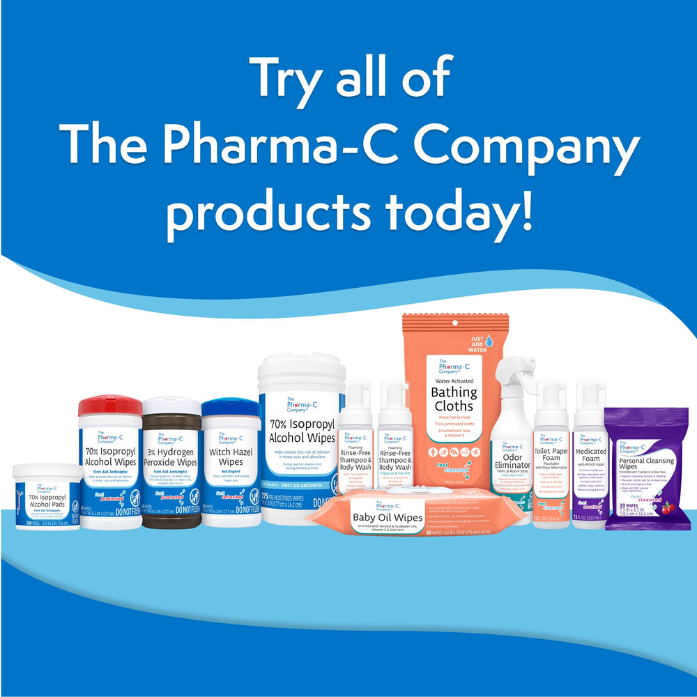 Label close-up showing 70% IPA and use cases for The Pharma-C Company wipes