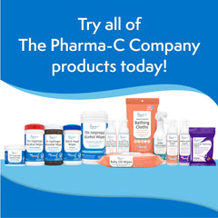 Label close-up showing 70% IPA and use cases for The Pharma-C Company wipes