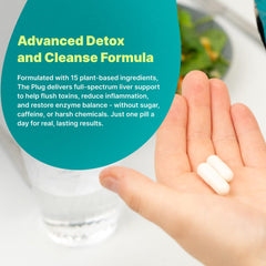 The Plug Liver Cleanse label closeup features kosher and non-GMO markings.