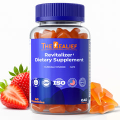 The Realief post party gummies bottle front shows strawberry flavor for easy refresh