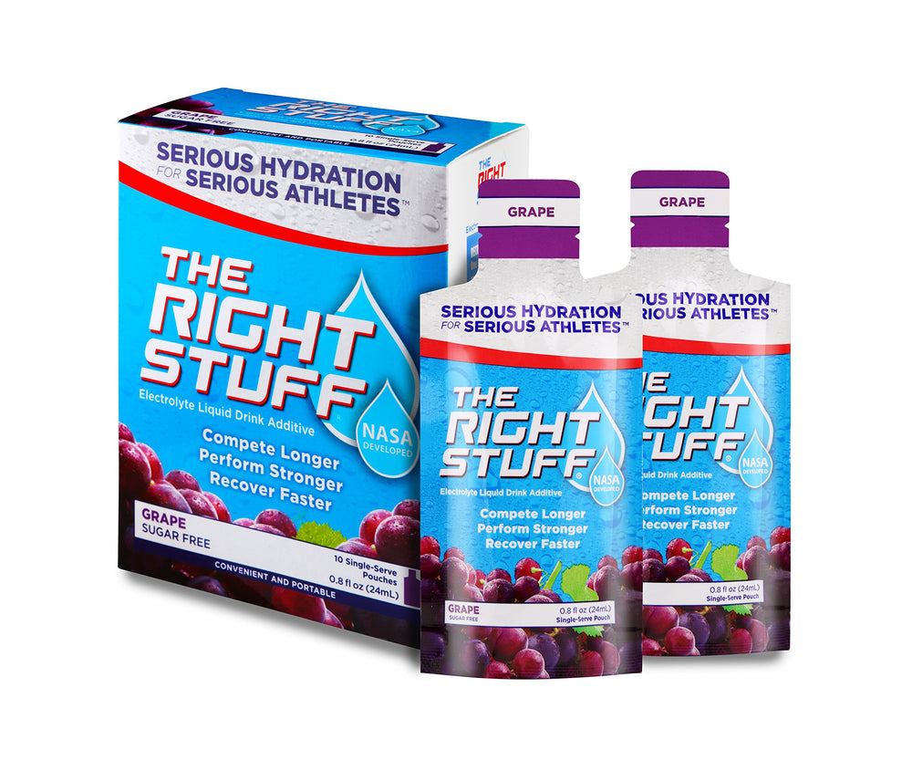 The Right Stuff box front presents grape electrolyte concentrate for on-the-go hydration.