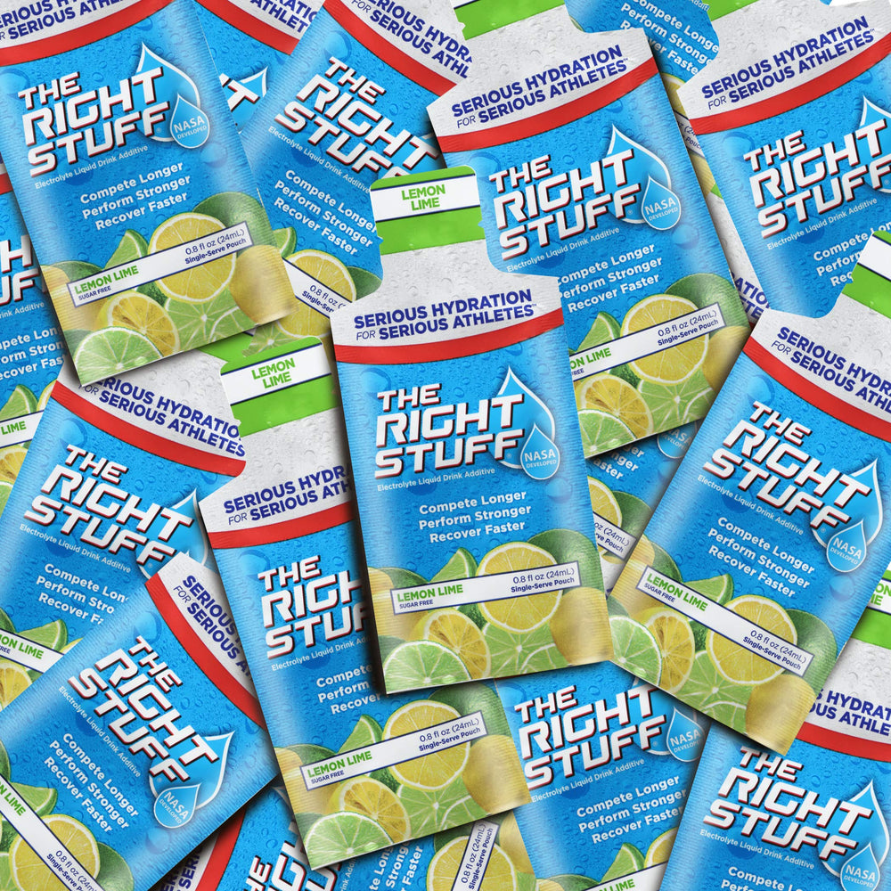 The Right Stuff Lemon Lime pouch pack for convenient on-the-go hydration.