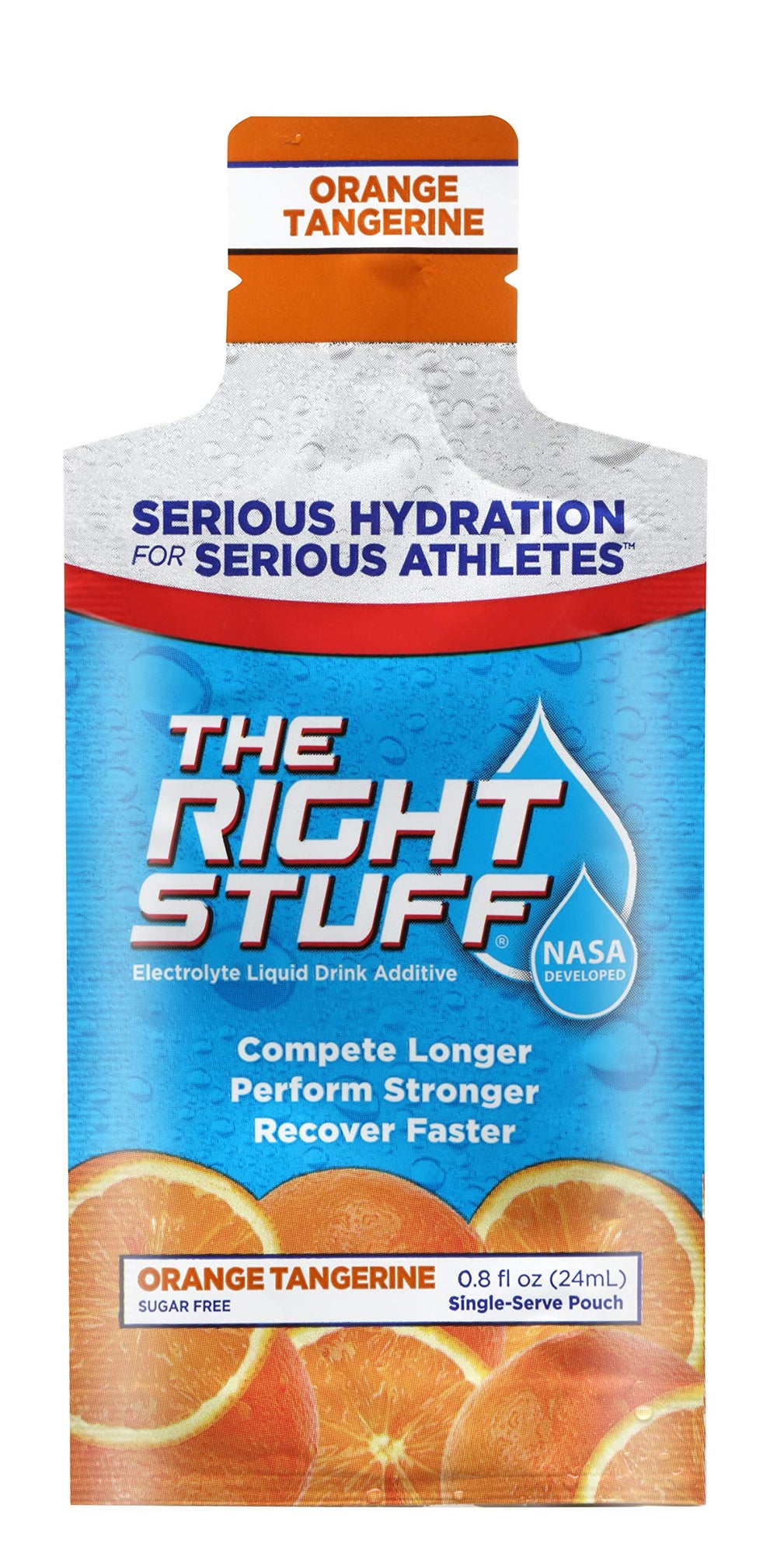 The Right Stuff Orange Tangerine pouch back label with nutrition details.