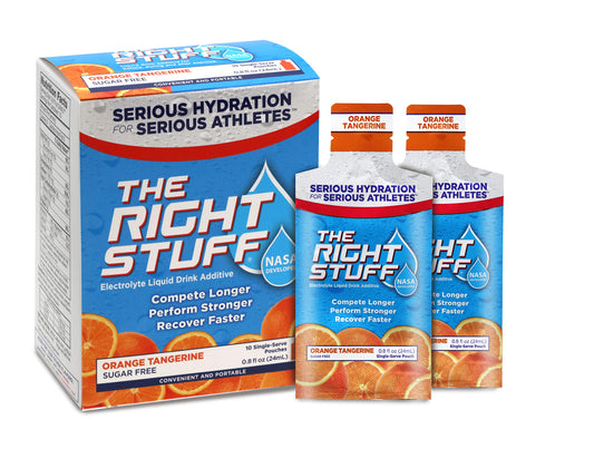 The Right Stuff Orange Tangerine pouch front highlighting flavor and prehydration use.