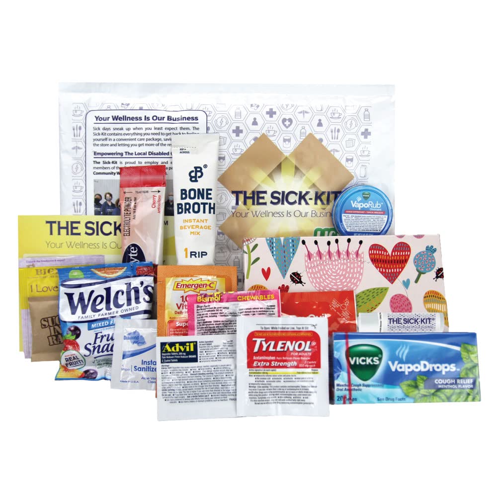 The Sick-Kit box open view showing a curated 16-piece wellness set for comfort