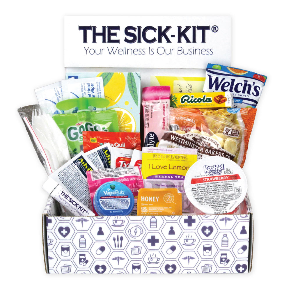 The SICK-KIT unboxing view highlighting a comforting sick-day wellness box.