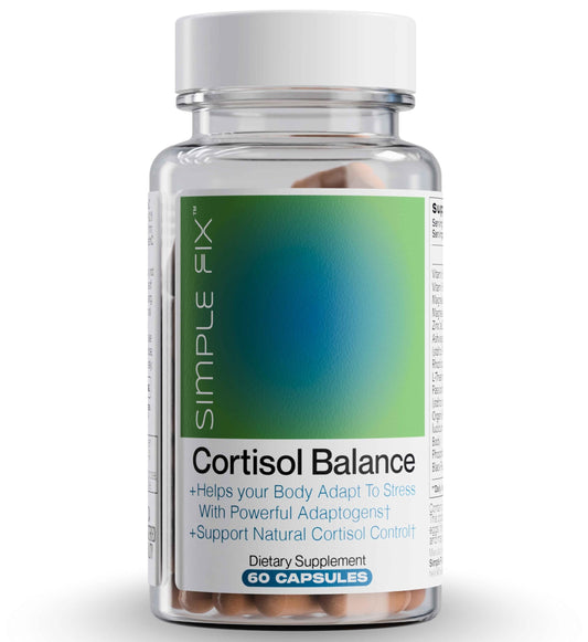 The Simple Fix Cortisol Balance bottle with vegan capsules for daily calm and focus.