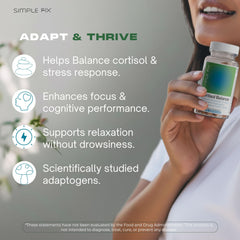 Ingredients label shows ashwagandha, rhodiola, L-theanine, magnesium, zinc, B6.
