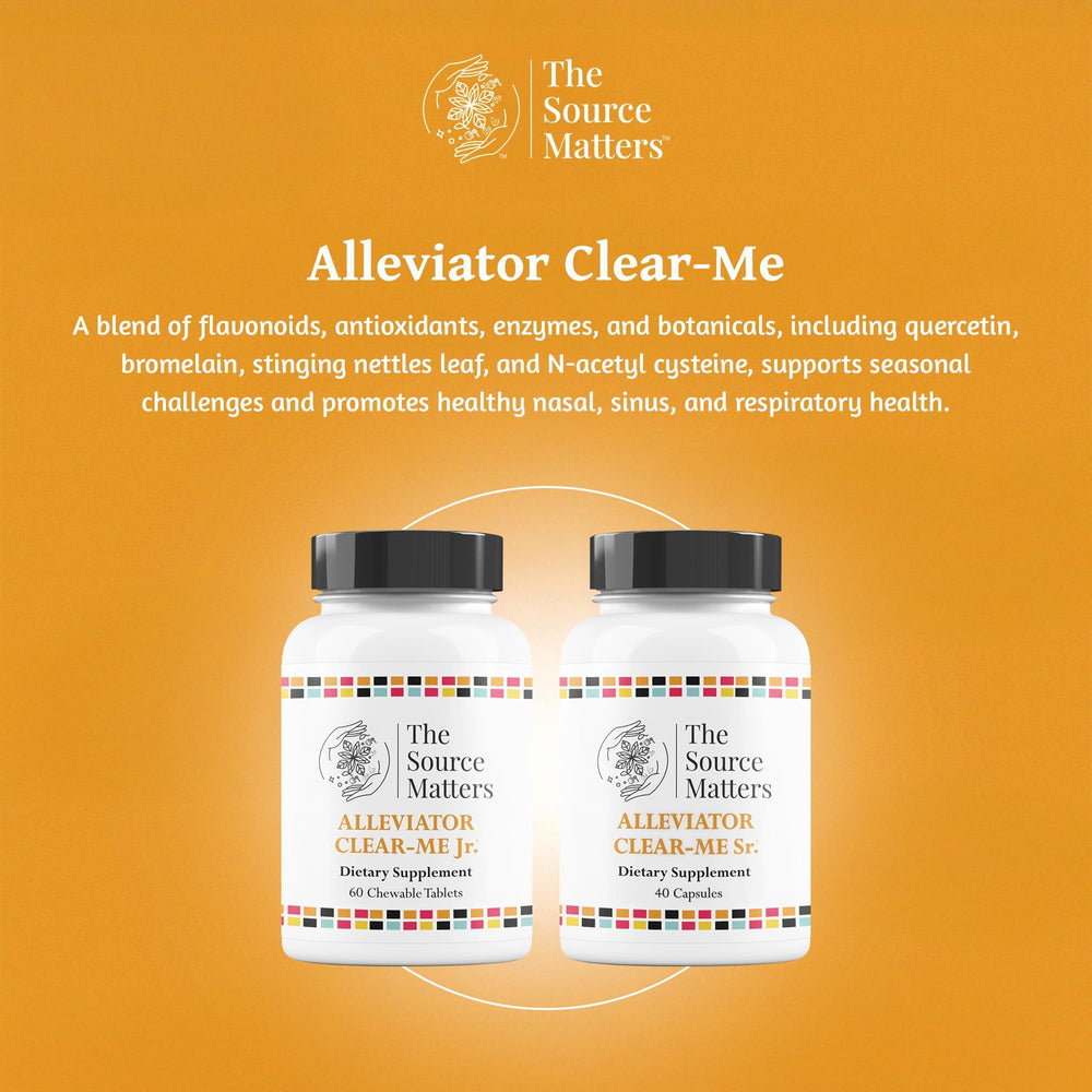 The Source Matters Alleviator Clear-Me JR bottle back label highlights ingredients for immune support.
