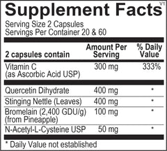 Label closeup showing key ingredients like quercetin and bromelain for informed use