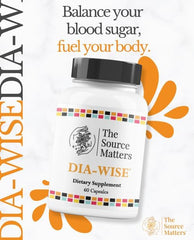 The Source Matters Dia-Wise capsules close-up showing cinnamon and B vitamins.