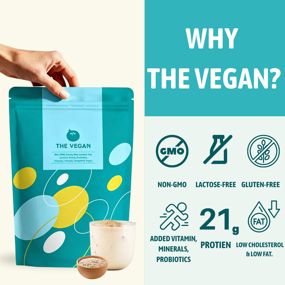 THE VEGAN soy isolate with probiotics label highlights gut-friendly protein.