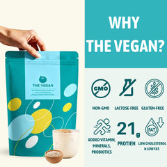 THE VEGAN soy isolate with probiotics label highlights gut-friendly protein.