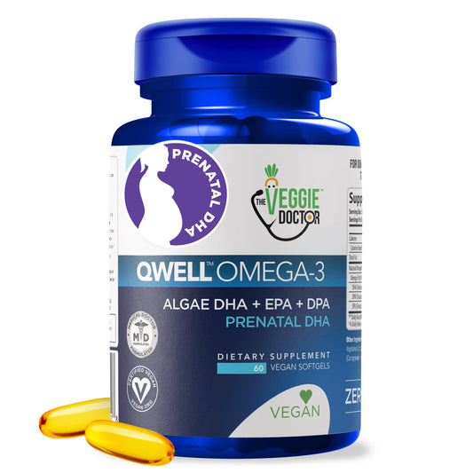 The Veggie Doctor vegan prenatal DHA bottle front showing algae-based omega-3 for future brain development.