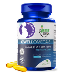 The Veggie Doctor vegan prenatal DHA bottle front showing algae-based omega-3 for future brain development.