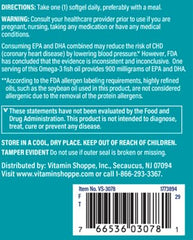 The Vitamin Shoppe Omega 3 Fish Oil label shows purity and molecular distillation.