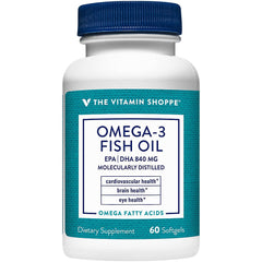 The Vitamin Shoppe Omega 3 softgels close-up highlighting EPA and DHA support