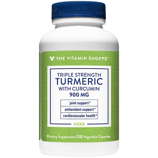 The Vitamin Shoppe triple-strength turmeric bottle cap shows easy daily joint support