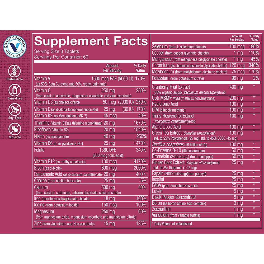 The Vitamin Shoppe Ultimate Woman's Gold Multivitamin bottle back label shows ingredients for informed use.