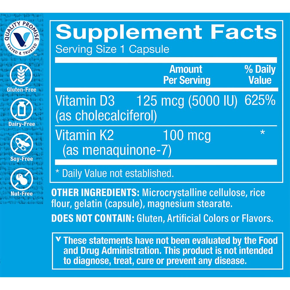 The Vitamin Shoppe Vitamin D3 K2 5000 IU bottle label highlighting potency and K2 synergy.