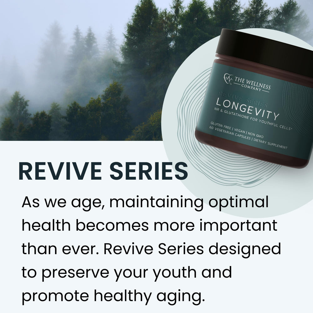 The Wellness Company Longevity packaging shows vegan, non-GMO ingredients and clear dosing.