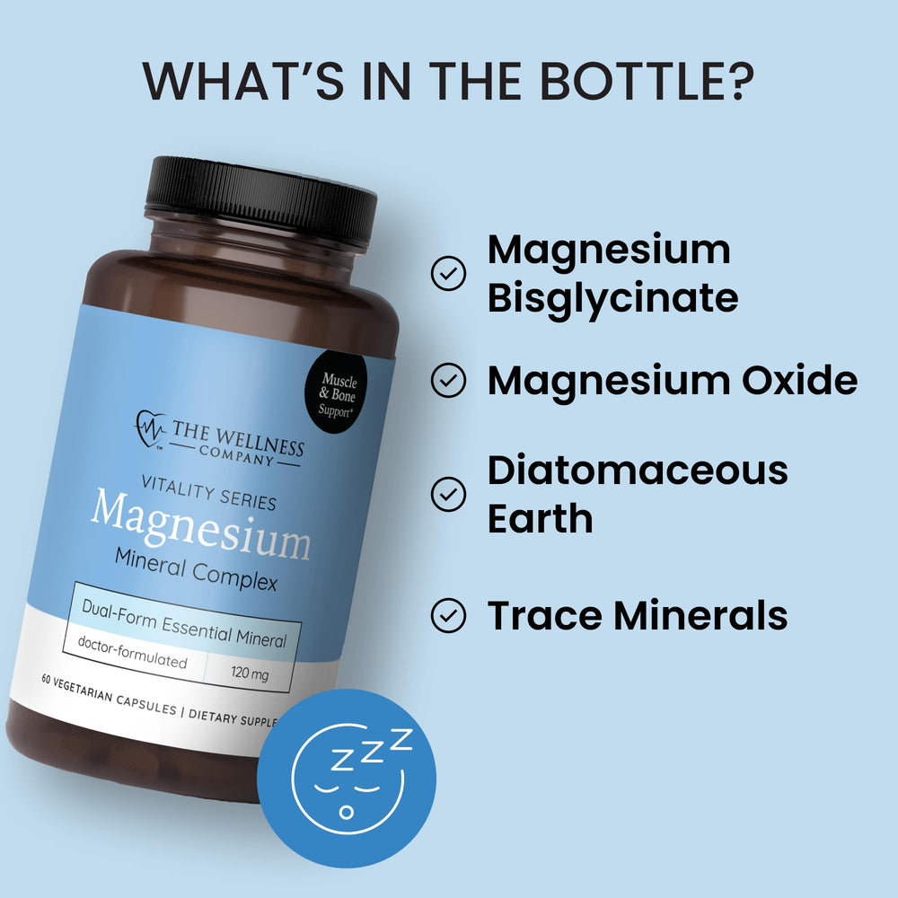 The Wellness Company magnesium glycinate citrate packaging front indicating a premium blend for nervous system balance.