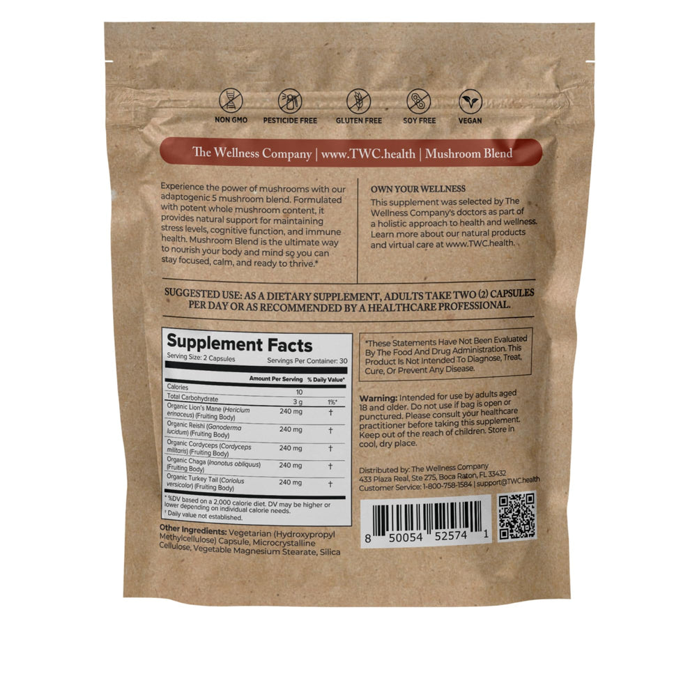 The Wellness Company Mushroom Blend capsules prepared for a simple daily routine.