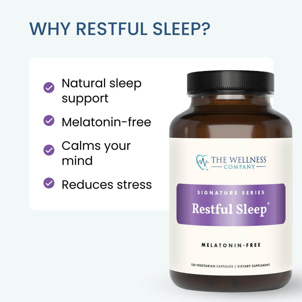 The Wellness Company Restful Sleep label and ingredients list.