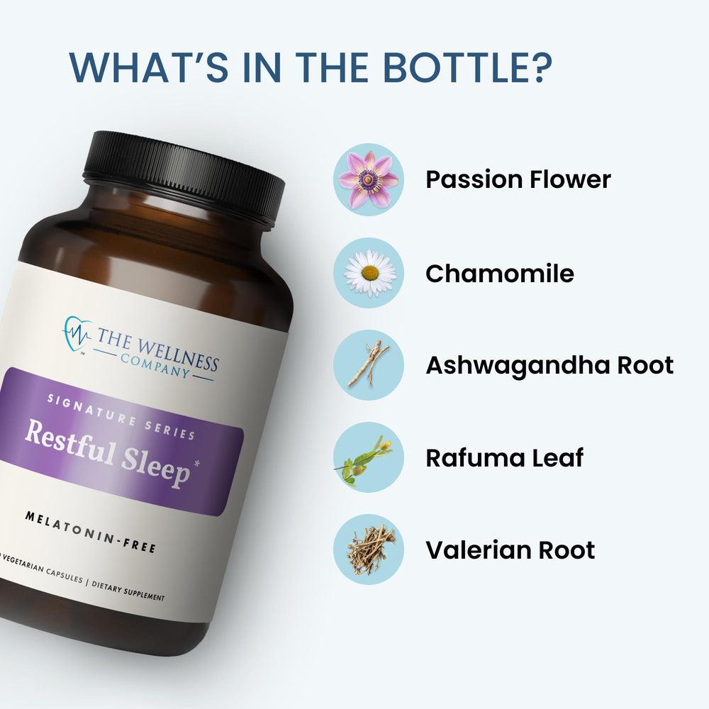The Wellness Company Restful Sleep bottle close-up showing two-capsule dose.