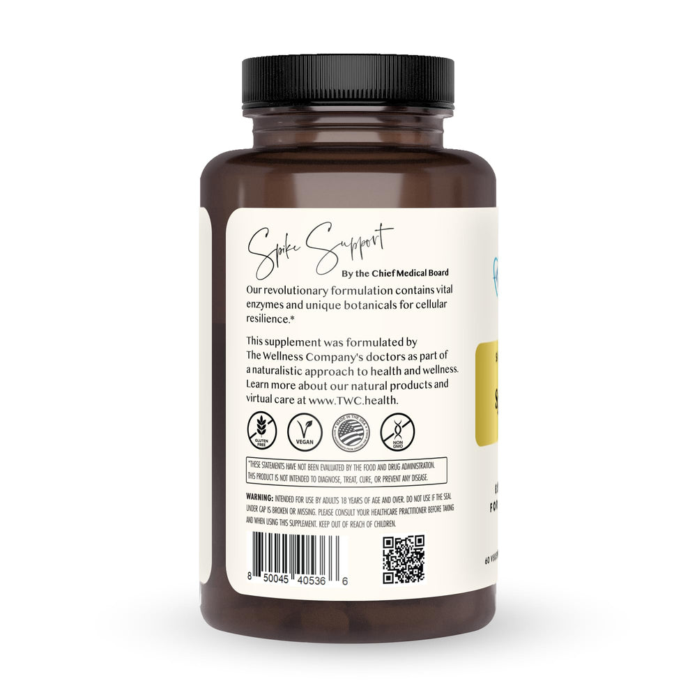 The Wellness Company Spike Support bottle label close-up showing nattokinase content