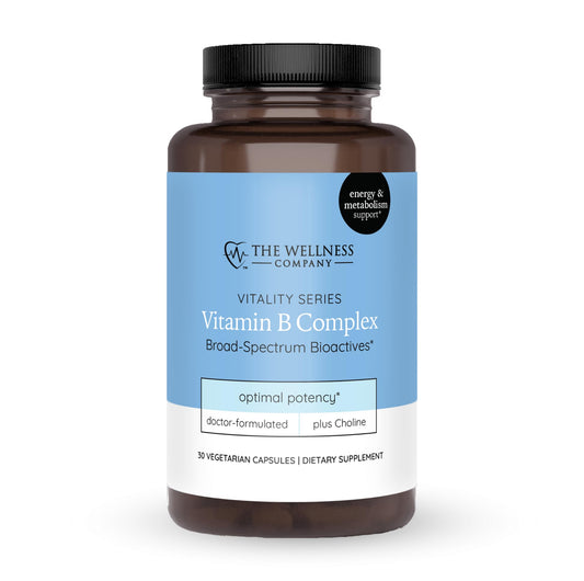 The Wellness Company Vitamin B Complex bottle label for trusted daily use