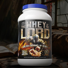 The Whey of The Lord Glory Protein Isolate shake in a glass with salted caramel appearance.