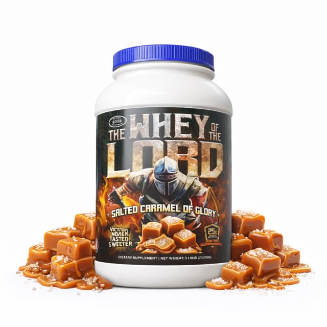 The Whey of The Lord Glory Protein Isolate tub label highlights premium lean muscle support.