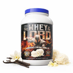 The Whey of The Lord Heaven's Cream bottle pour supports easy daily protein intake.