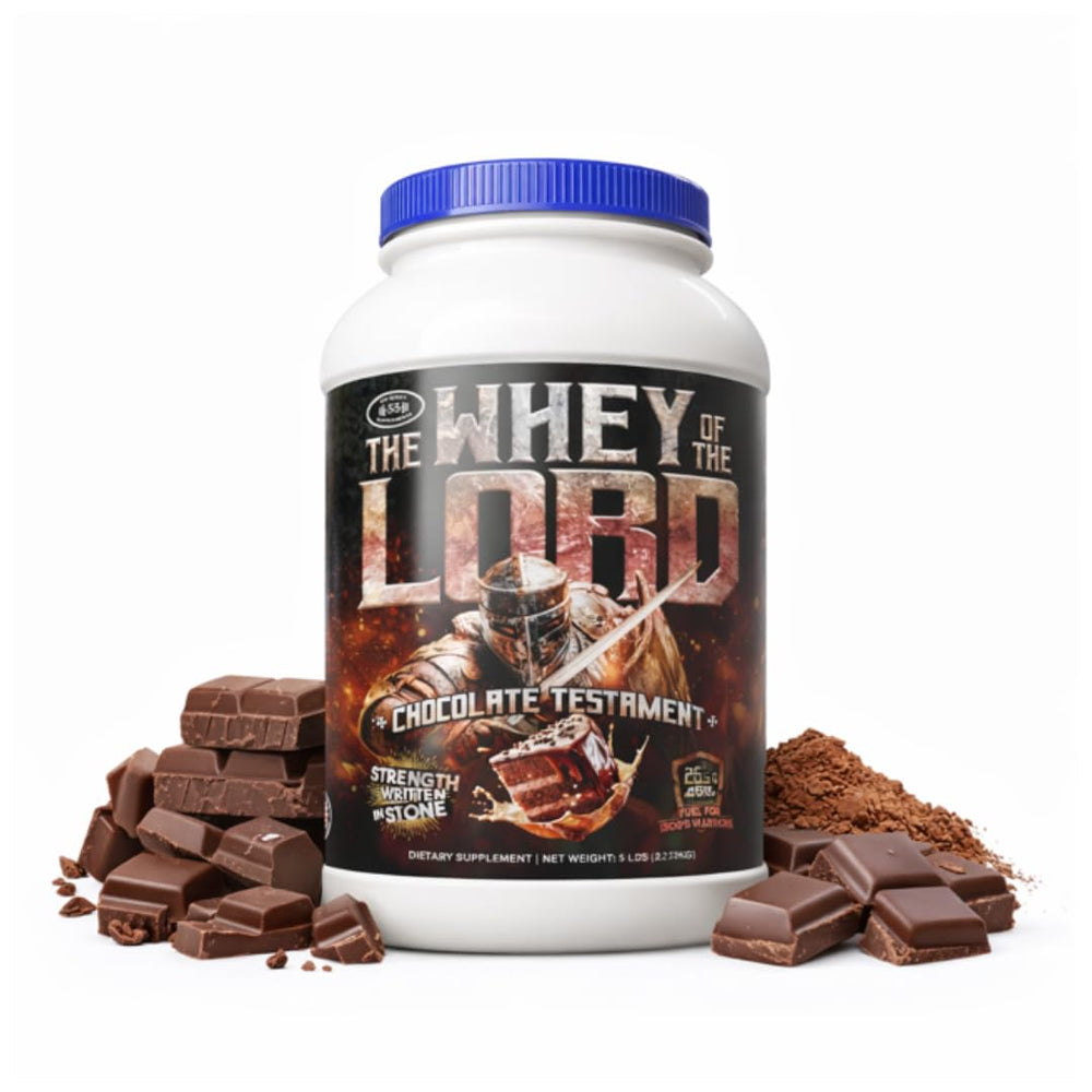 The Whey of The Lord label close-up shows premium protein ingredients for daily fitness support.