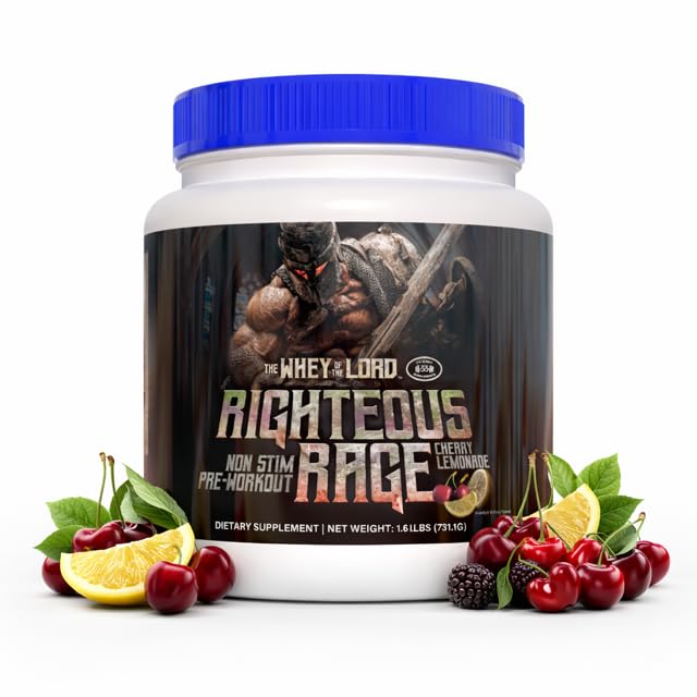 The Whey of The Lord Righteous Rage bottle pour showing stimulant-free hydration for focused workouts.