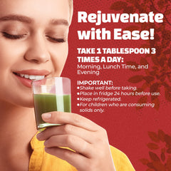 The World's Greatest Rejuvenation family-friendly liquid multivitamin on a breakfast table.